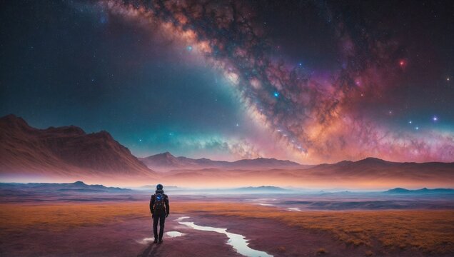 In a mesmerizingly ethereal composition, a digitalized unearthly galactic nomad wanders through the vast expanse of a surreal cosmic landscape.