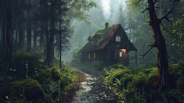 cabin in the forest in rainy day. Seamless looping 4k time-lapse virtual video animation background. Generated AI