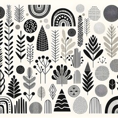 Modern Scandinavian folk abstract botanical pattern. Nordic minimalistic seamless ornament with geometric flowers, trees and plant branches. - obrazy, fototapety, plakaty