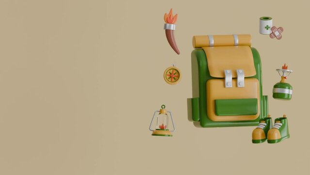 Floating Adventure Gear 3D Loop Animation: Backpack, Bandage, Compass, Adventure Shoes, Gas Canister, Torch, and Lantern.