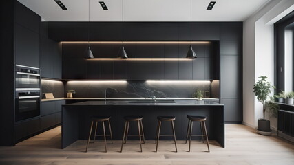 Black kitchen in minimalist studio apartment - obrazy, fototapety, plakaty