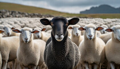 A lone black sheep stands proudly amidst a herd of white sheep - obrazy, fototapety, plakaty