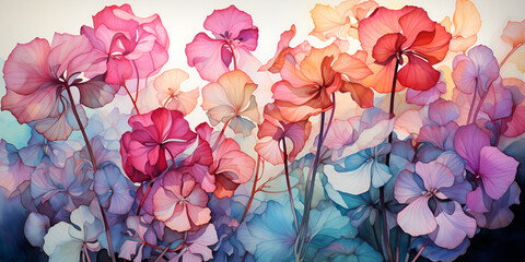 Watercolor flowers with watercolor background. Colorful Watercolor Flowers