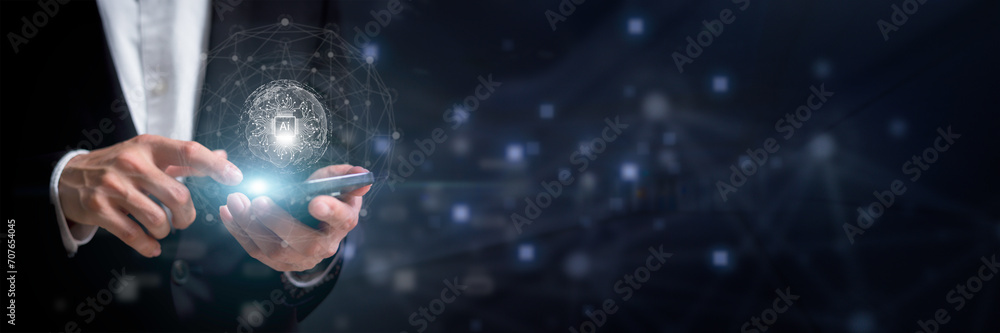 Poster intelligent ai technology concept humans work with artificial intelligence enter command prompt for 