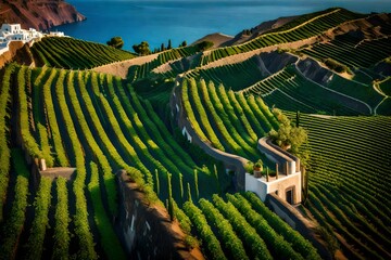 A birds-eye view of the Santorini vineyards, with terraced slopes adorned with grapevines overlooking the sea, creating a mesmerizing patchwork of green against the blue backdrop. - obrazy, fototapety, plakaty