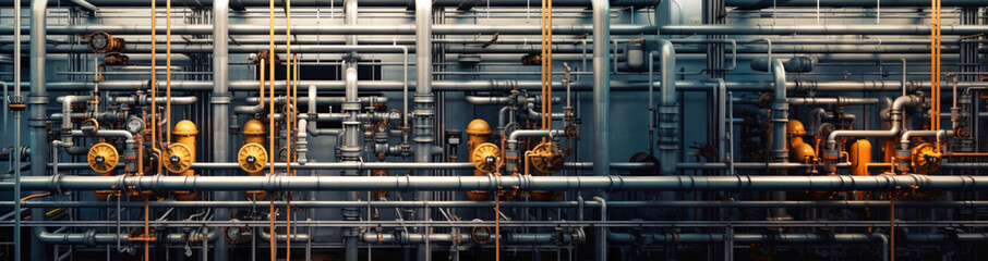 Industrial concept. Pipeline in a factory - valves, tubes, pressure gauges, thermometers. View from above. pipes, flow meter, water pumps and valves of the heating and gas supply system.