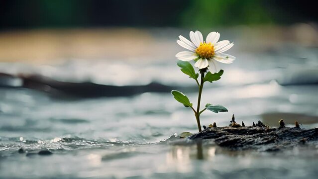 The floodwaters may have swept away everything in their path, but one tiny flower bravely floats on, defying the odds.
