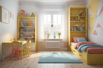 Fototapeta na wymiar Bright children's room with kids table and shelves near window