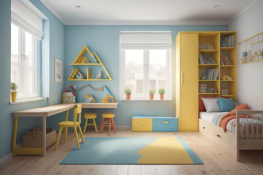  Bright children's room with kids table and shelves near window