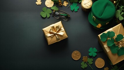 St. Patrick's Day background. Gift boxes, clover, lucky hat, golden coins and glasses. Holiday banner, poster, flyer, brochure, greeting card, cover with copy space, Generative AI