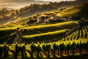 Lush vineyards stretching across terraced hillsides, with traditional wineries blending seamlessly...