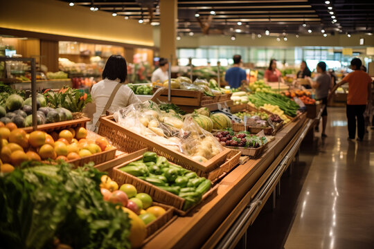 Grocery store. Fresh organic Vegetables and fruits on shelf in supermarket, farmers market. Healthy food market concept.