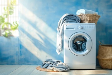 Modern washing machine and laundry basket near white wall indoors, space for text. Bathroom interior - obrazy, fototapety, plakaty