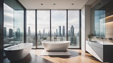 Fototapeta na wymiar City view behind panoramic window and white bath tub