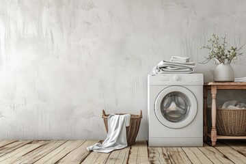 Modern washing machine and laundry basket near white wall indoors, space for text. Bathroom interior - obrazy, fototapety, plakaty