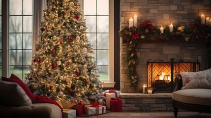 Fototapeta na wymiar beautifully adorned Christmas tree with twinkling lights and festive ornaments