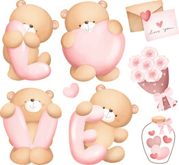 Watercolor Illustration set cute Teddy Bears and Valentine Clipart