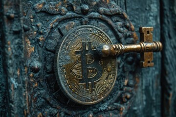 Obraz na płótnie Canvas A creative depiction of a cryptocurrency coin as a key unlocking a digital lock, symbolizing access to digital wealth