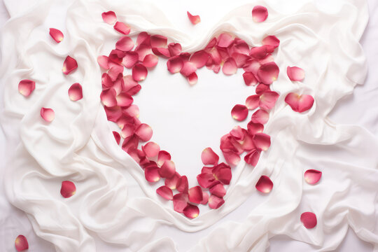 
Photo of a heart formed by pink and red rose petals scattered on a white satin cloth