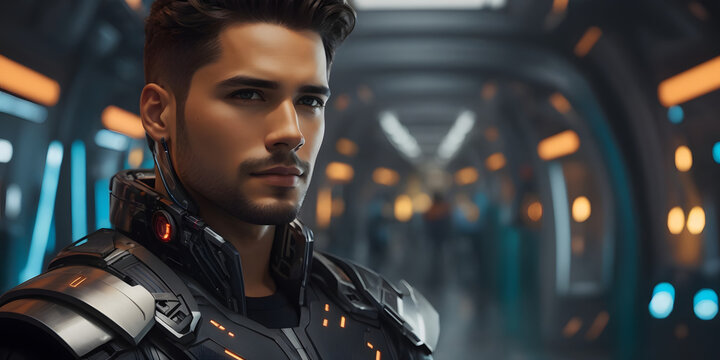 A man in futuristic gear stands in a sleek corridor, indicative of a sci-fi or space-themed narrative 8k Ultra HD | generated with ai