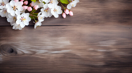 Spring apple tree blossom on rustic wooden background, copy space, generative ai
