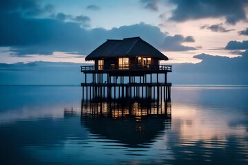 Fototapeta na wymiar A solitary overwater bungalow perched on stilts, casting a reflection on the calm, mirror-like surface of the ocean during twilight.