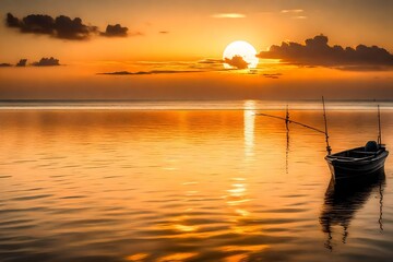 A peaceful sunrise over the horizon, casting a soft golden glow on the calm waters, while a lone fishing boat sets out for the day's catch.