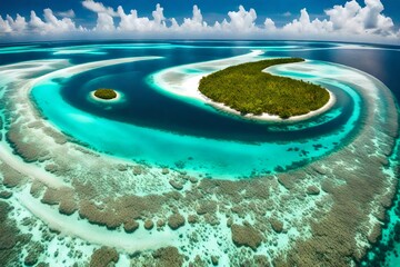 A breathtaking panorama of a Maldivian atoll, showcasing the intricate patterns of sandbanks and channels surrounded by vibrant coral reefs.