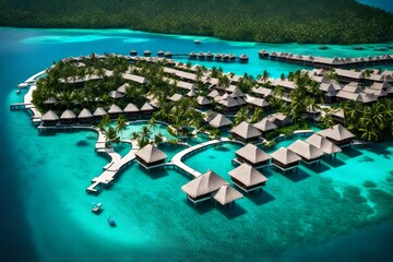 Aerial view of a luxurious resort nestled among palm trees, with overwater villas and infinity pools blending seamlessly with the surrounding azure waters.