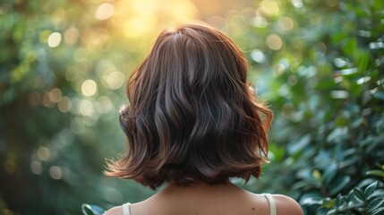 Outside, rear view of a woman wearing a layered black lob haircut. Generative Ai. - obrazy, fototapety, plakaty