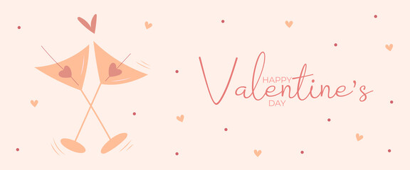 Hand draw banner with two glasses of martini, hearts for Valentine's day. Happy Valentine's day and button read more. Peach fuzz, red, brow and pink colors.Cartoon style.Vector illustration