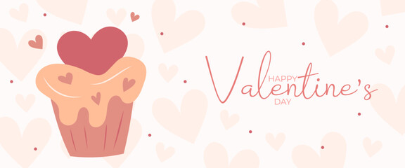 Hand draw banner with cupcake and hearts for Valentine's day. Happy Valentine's day and button read more. Peach fuzz, red, brow and pink colors.Cartoon style. Web vector illustration