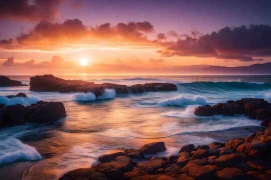 A tranquil sunrise over the ocean, painting the sky with soft hues of purple and orange, casting a magical glow over the entire seascape.