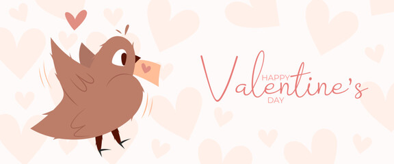 Hand draw banner with flying bird and hearts for Valentine's day. Happy Valentine's day and button read more. Peach fuzz, red, brow and pink colors.Cartoon style. Web vector illustration