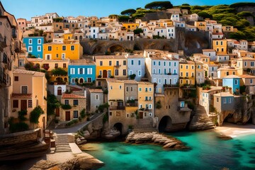 A charming village nestled into the cliffs, overlooking the azure waters, with its cobblestone streets and colorful houses.