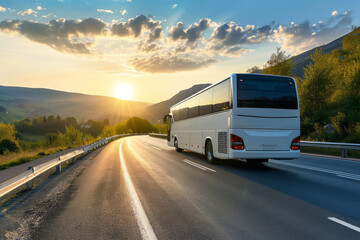 White travel bus on a beautiful highway. AI generated - obrazy, fototapety, plakaty