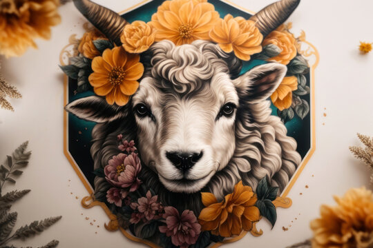 tattoo designs sheep and Flower, Generative AI