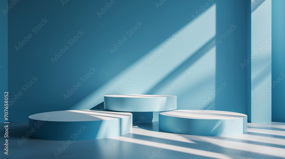 Poster blue background for product presentation with shadows and light. empty podiums. mockup.