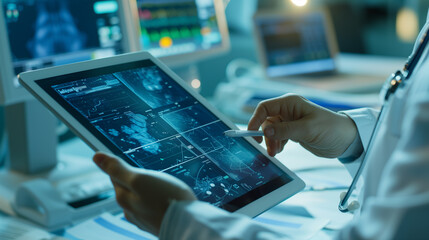 Doctor using digital tablet find information patient medical history at the hospital. Medical technology concept. hight resolution - obrazy, fototapety, plakaty