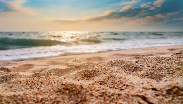 Close up sand with blurred sea sky background, summer day, copy space or for product. Summer 