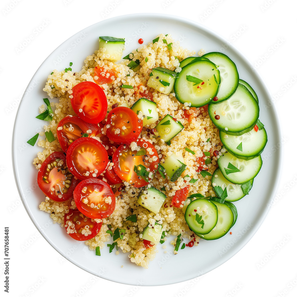 Aufkleber a plate of quinoa salad with sliced cucumber and cherry tomatoes top view isolated on a transparent 
