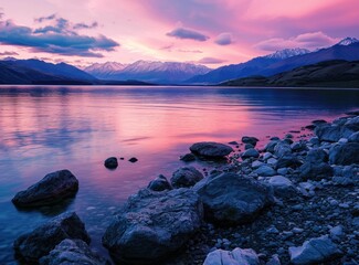 Serene lake at sunset with vibrant pink and purple sky reflecting on water, surrounded by mountains and pebbled shore.