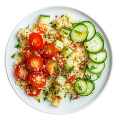 A plate of quinoa salad with sliced cucumber and cherry tomatoes top view isolated on a transparent background 