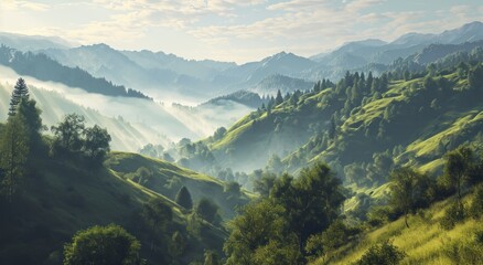 Misty mountain landscape at sunrise with lush greenery and layered hills.