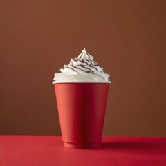 red color paper cup no whipped cream on top, brownbackground