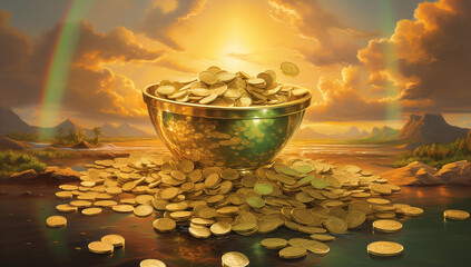 St.Patrick's Day golden pot with gold coins with a rainbow on the horizon - obrazy, fototapety, plakaty