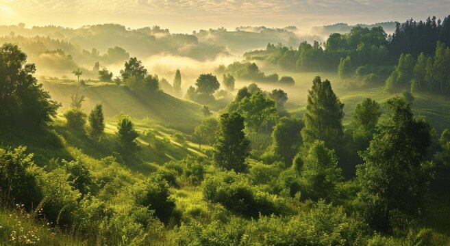 Misty sunrise over a lush green valley with rolling hills and trees.