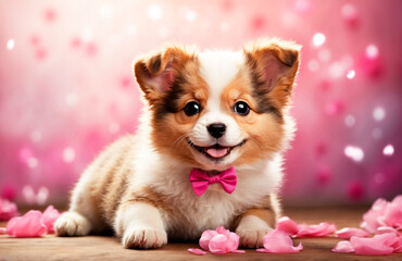 Fototapeta na wymiar Cute puppy on pink background