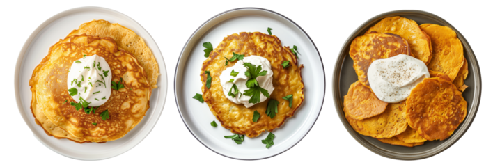 Collection of plates of chickpea pancake with a dollop of cashew sour cream top view isolated on a transparent background 
