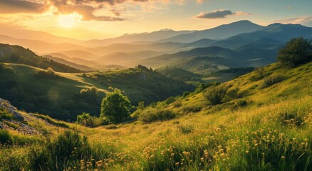 Breathtaking landscape of rolling hills with lush greenery, wildflowers, and a warm sunset over distant mountains.